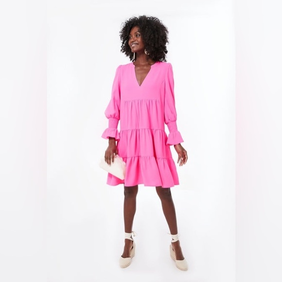 Pomander Place Kenzo Mini Dress NWT XS Pink Tiered Crepe Tuckernuck - Picture 3 of 16